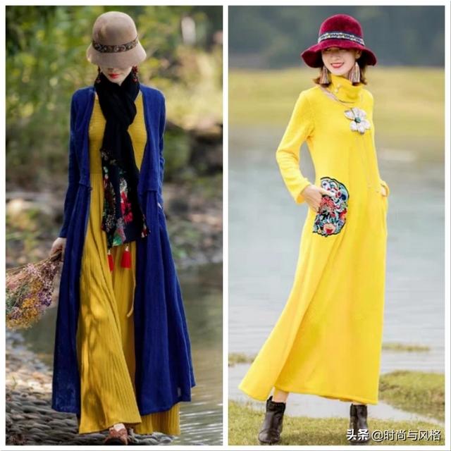 秋天原野人像照，红黄蓝三种颜色的长裙挑什么颜色？搭配什么饰物最上镜？